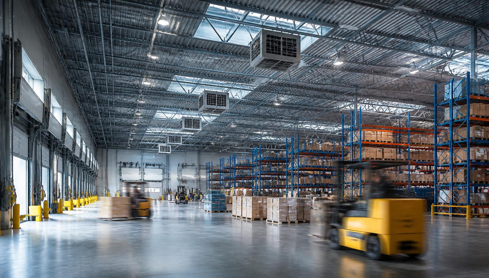Centro logístico moderno com docas, operação organizada e climatização de grandes áreas