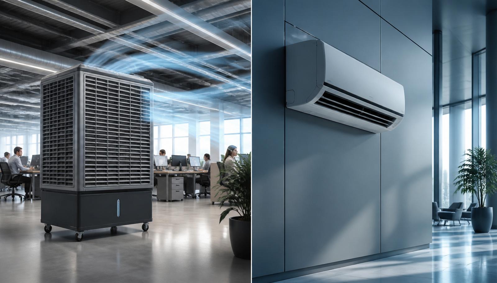 Comparativo visual entre climatizador evaporativo industrial e ar-condicionado em ambiente empresarial