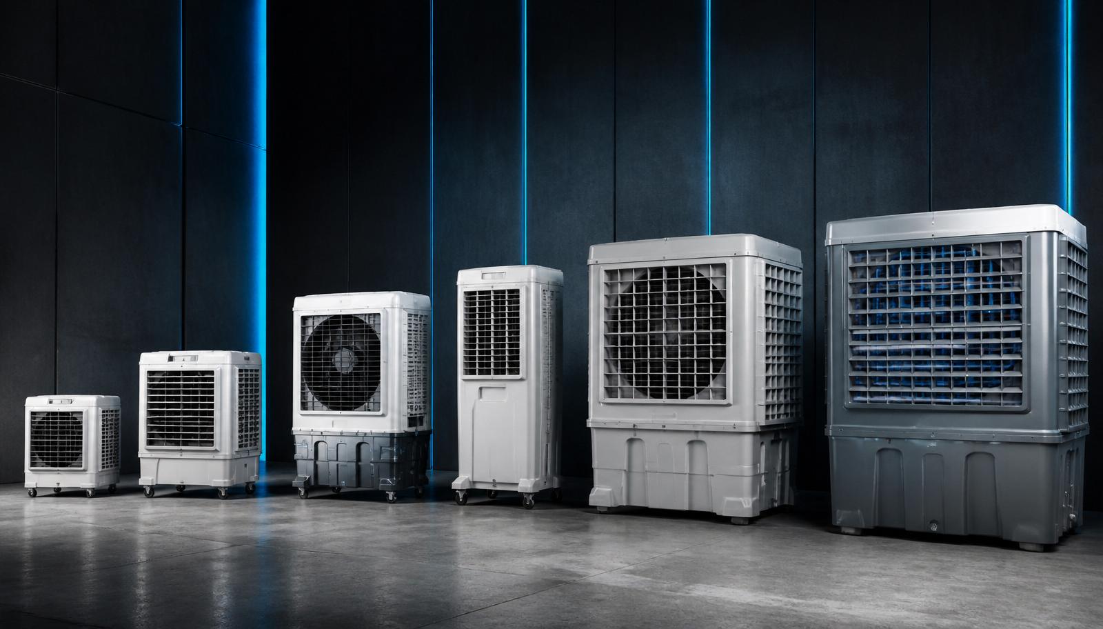 Diferentes modelos de climatizadores industriais lado a lado em showroom técnico premium