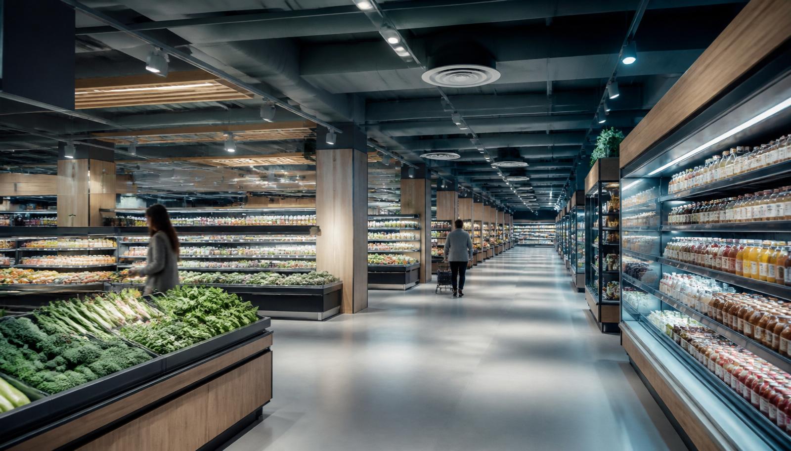 Interior de supermercado moderno com corredores amplos e climatização eficiente