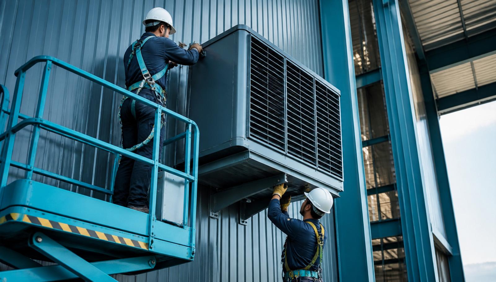 Equipe profissional verificando instalação técnica de climatizador industrial com segurança
