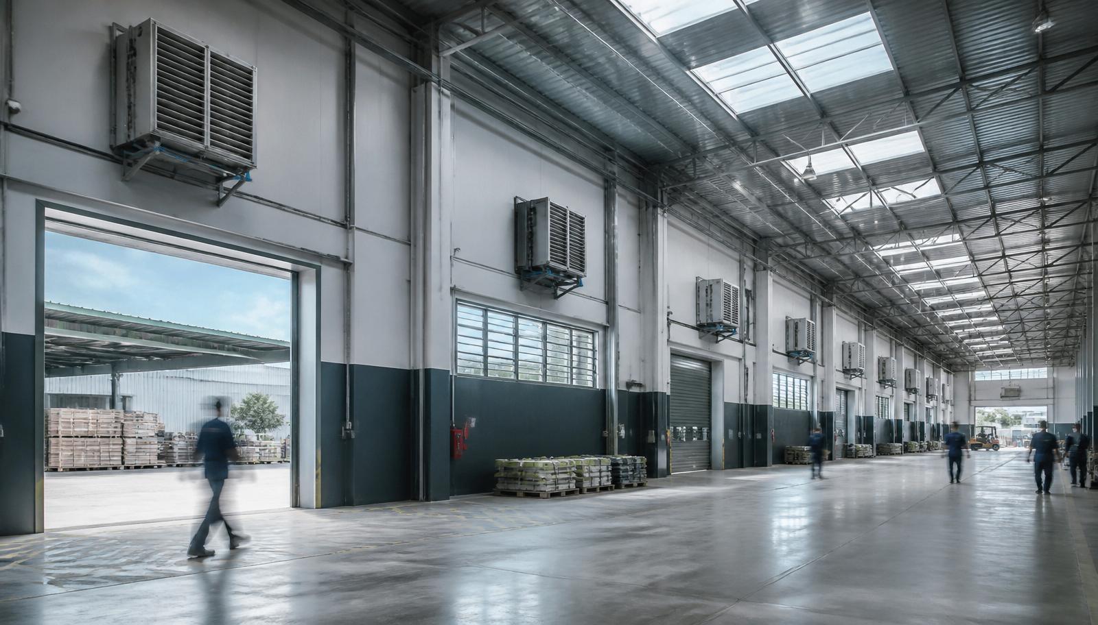 Interior de galpão industrial moderno com climatizadores evaporativos instalados em pé-direito alto