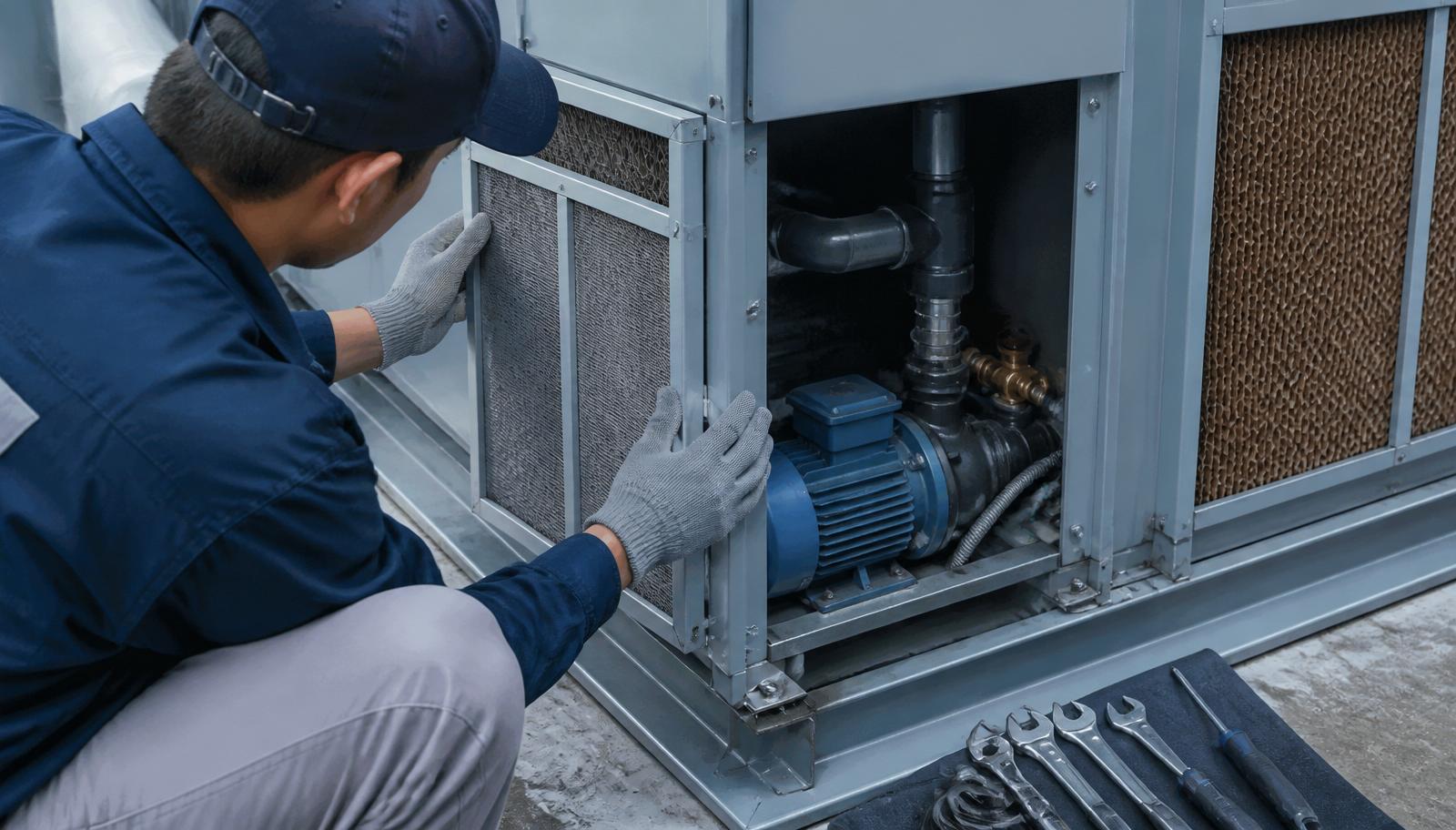 Técnico realizando manutenção preventiva em climatizador industrial com ferramentas organizadas
