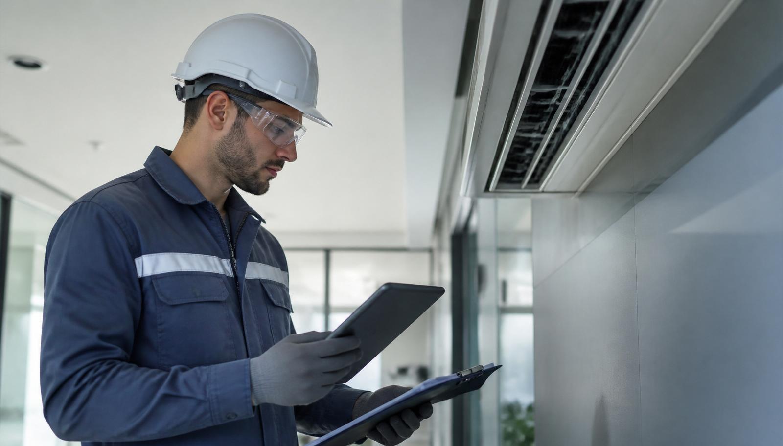 Técnico especializado documentando inspeção de sistema de climatização em ambiente corporativo