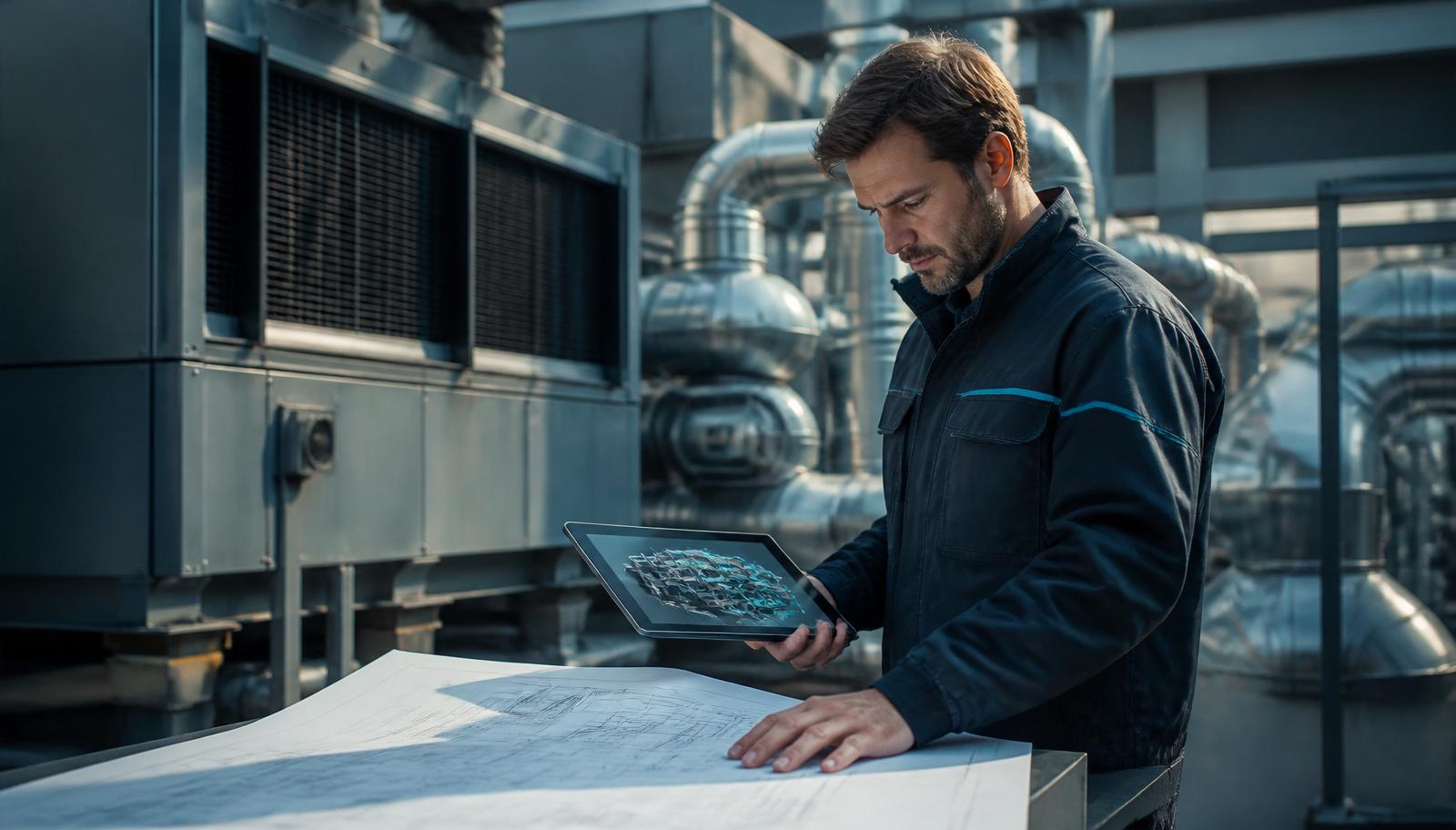 Engenheiro analisando projeto técnico de climatização diante de instalação industrial moderna